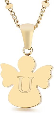 Qings Collana con Ciondolo Iniziale U, Collana con Angelo Dorato 26 Lettere, Lunghezza Catena 50 cm