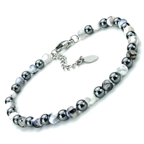 SAGA GIOIELLI ® Bracciale Unisex Sfere Pietre Dure Acciaio (GIADA GRIGIO-BIANCO)