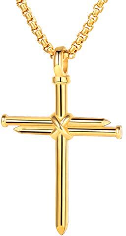 FaithHeart Collana Croce Uomo Crocifisso Collana Cristiana Ciondolo Croce Catena Regolabile 55+5cm in Acciaio Inox/Oro/Nero Gioielli Protezione Battesimo Cattolico per Ragazzi Bambini