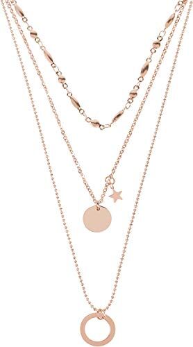 styleBREAKER Collana da Donna in Acciaio Inossidabile a 3 Fili con Anello e Stelle, Catena forzatina, Catenina, Gioiello , Colore:Rosa Oro