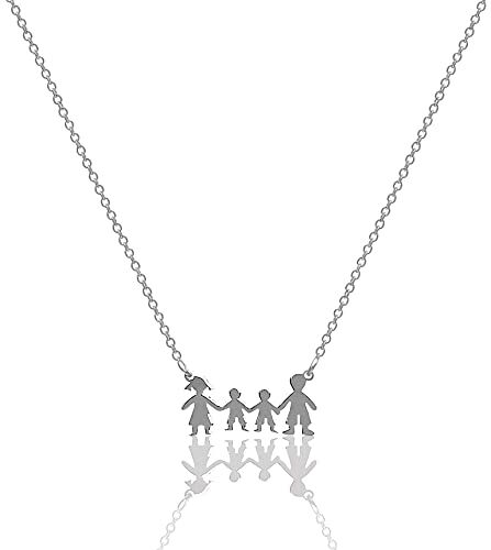 Aka Gioielli ® Collana Famiglia 4 Persone in Argento 925 Rodiato, Ciondolo con Madre Padre e 2 Figli Maschi