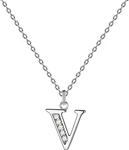 Cotigo Collana Lettera iniziale in acciaio inossidabile con pietra di zirconio brillante Collana da donna con ciondolo a forma di lettera dalla A alla Z Regalo per donna (V-Argento)