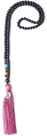 COAI Collana con Filo Non Elastico con Nappa e Targhetta Buddha Portafortuna con Pietre Chakra, Collana 108 Perle Mala in Onice Opaco