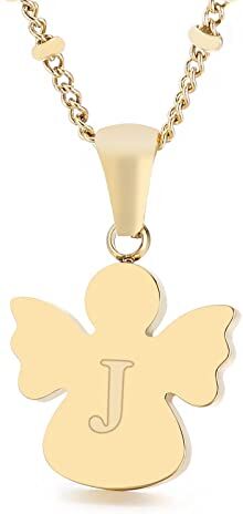 Qings Collana con Ciondolo Iniziale J, Collana con Angelo Dorato 26 Lettere, Lunghezza Catena 50 cm