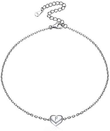 ChicSilver Cavigliera Donna in Argento Sterling 925, Ciondolo Cuore Piccolo Alfabeto Lettera Iniziale Delicato alla Moda, Catena Rolo Regolabile Sottile 22 + 5 CM, con Confezione Argento F