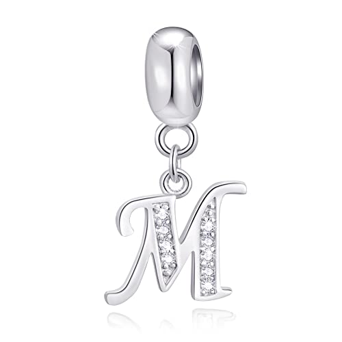 GLOWDAS Lettera M Charms Iniziale M Alfabeto Ciondolo Perline, Argento Sterling 925 Letra Ciondolo con CZ Chiaro, Fit Pandora Festa della Mamma Bracciale/Collana, Regali per Mamma/Mom/Madre