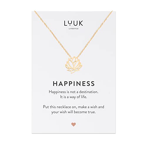 LUUK LIFESTYLE Collana da donna in acciaio inossidabile con pendente Fior di Loto e dedica HAPPINESS, accessorio di moda moderno e minimalista per lei, oro