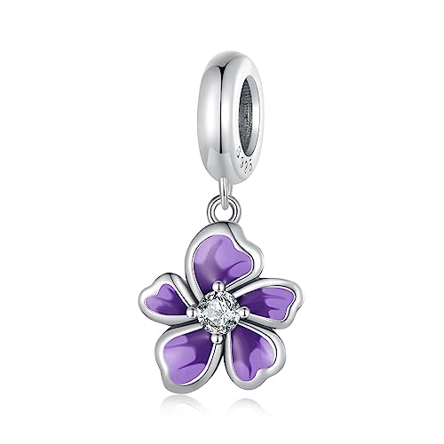 NINGAN 925 Argento Sterling Ciondolo Fiore Viola Donne Compatibile Bracciale Collana Goccia Smalto Charms Regali Di Natale Per La Famiglia E Gli Amici