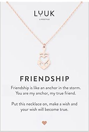 LUUK LIFESTYLE Catenina dell'amicizia in filigrana con ciondolo a cuore e ancora e dedica FRIENDSHIP, idea regalo originale per donne e ragazze, idea onomastico, rosa