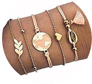 Branets Boho Set di 5 braccialetti in Oro con cuore e nappa in stile bohémien, per donne e ragazze