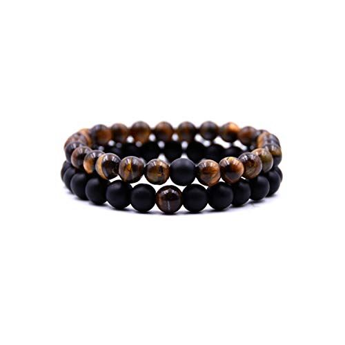 DAC Bracciale Uomo 2 pezzi Con  Naturali Braccialetto Scatola Regalo Fidanzato Donna Chakra con Vere  Naturali Tibetano Yoga Gioielli (EYE + NERO)