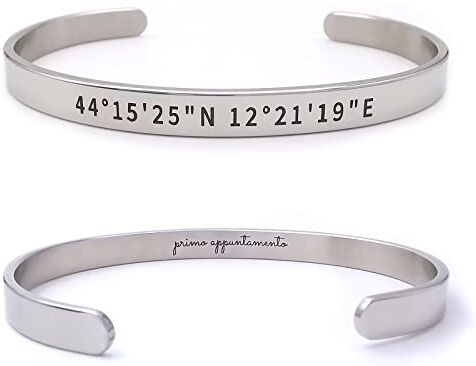 ALMENDRA Bracciale coordinate geografiche personalizzato da uomo primo bacio con incisione nascosta rigido acciaio personalizzabile regalo scritta nome (Acciaio)