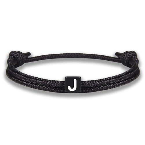 GD GOOD.designs EST. 2015 Bracciale in corda con lettere   Bracciale dell'amicizia nero regolabile con dimensioni 14cm 24cm   Iniziale J