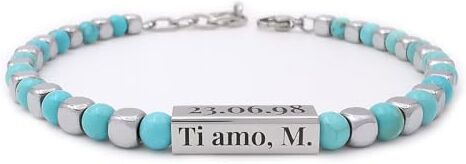 ALMENDRA Bracciale da uomo personalizzato con incisione perle braccialetto colorato moda regolabile perline palline pietre ragazzo personalizzabile regalo nome inciso scritta (Aulite turchese ed ematite)