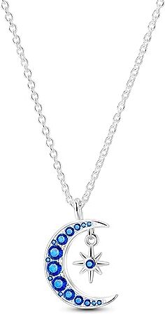 NARMO 925 Sterling Silver Crescent Moon Star Collana Blu Cubic Zirconia Luna Pendente Collana per le Donne Ragazze Gioielli di Compleanno Regali