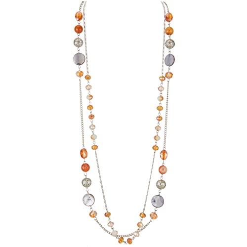 FULU AUTUMN Collana da Donna con Perline Lunghe in Argento a Strati Collane di Conchiglia di Cristallo Bohémien Collana a Catena Maglione Bigiotteria(Arancione)