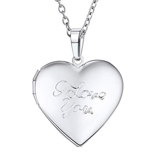 U7 Collana Donna Foto Personalizzata Pendente Medaglione Cuore Rosa Fiore Locket Portafoto, Cindolo + Catena Regolabile, Placcato Platino, Regalo Perfetto, con Confezione, Argento