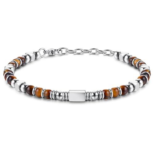 LOLIAS Bracciale Perline per Donna Uomo Bracciali dell'Amicizia con Perline di Occhio di Tigre Bracciale Acciaio Donna Uomo Regali per Donna Gioielli Bracciale Argento 4MM