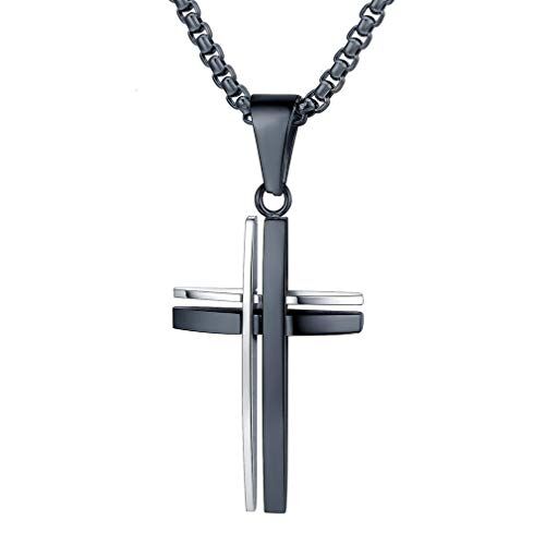 FaithHeart Crocifisso Collana Uomo Collezione Collana Croce Uomo Cristiano Collana Crocifisso Uomo Acciaio Inox 316L Collana Argento Nero Oro 55+5 CM Protezione Battesimo Cattolico