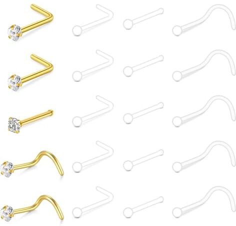 NIUSIMAN 20pcs Trasparente Piercing Naso Anello 1 Vite L A Forma di Naso Stud Gold Retainers Plastica Studs Piercing Naso Gioielli 18G 20G Invisibile Trasparente Naso Studs Nascondi Piercing