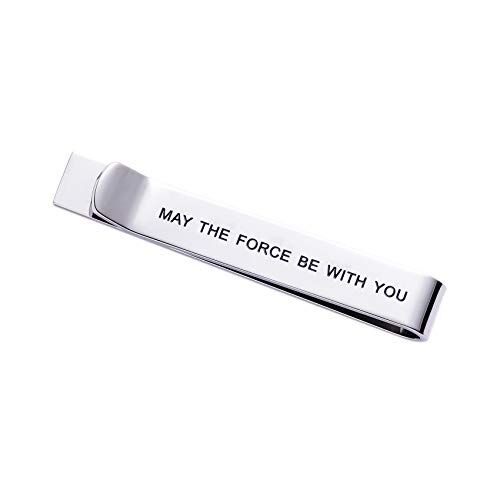 LParkin Fermacravatta con scritta "May The Force Be with You", regalo divertente per fan di Star Wars, in acciaio inox, finitura lucida, per uomini e donne, Metallo