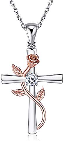 BlingGem Collane da Donna in Argento Placcato Oro Rosa Fiore con Zirconia Cubica Rotonda Religiosa Croce Rosa Pendente Catena Regolabile,48 cm