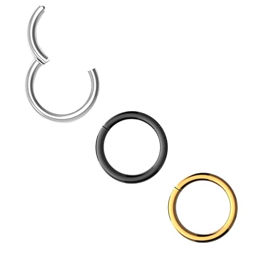 Body CAC 3 Pezzi-1.2mm×8mm Piercing Naso Orecchini Acciaio Chirurgico,Hinged Anallergici Segment Ring Septum Finto Conch Piercing Trago in Acciaio-Oro/Argento/Nero