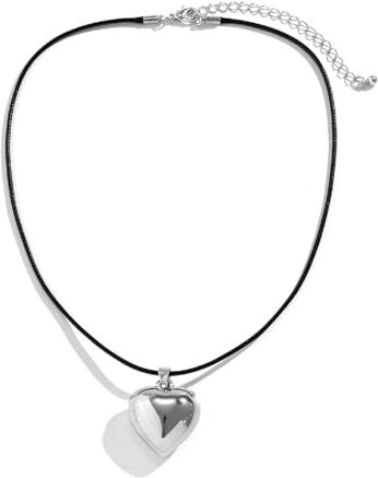 Irikdescia Collana con ciondolo a forma di cuore, Y2K, con elegante corda di cera nera, regolabile, grande ciondolo a forma di cuore, per ragazze, donne (argento)