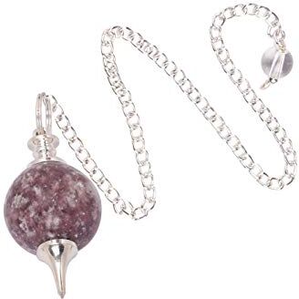 Blessfull Healing Reiki Healing Energy Spirituale Gemstone Lepidolite Disgin # 1 Punto di rabdomanzia Pendolo con sfera di pietra con catena lunga -