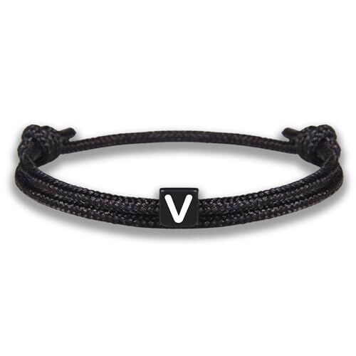 GD GOOD.designs EST. 2015 Bracciale in corda con lettere   Bracciale dell'amicizia nero regolabile con dimensioni 14cm 24cm   Iniziale V