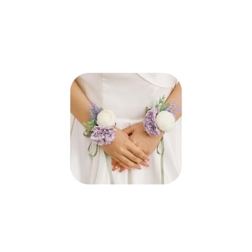 IYOU Viola Sposa Polso Corpetto Fiore Le Foglie Braccialetto Fiore Bracciali Ballo Studentesco Nozze Fiore Braccialetto per Donne e Ragazze (2 Pezzi)