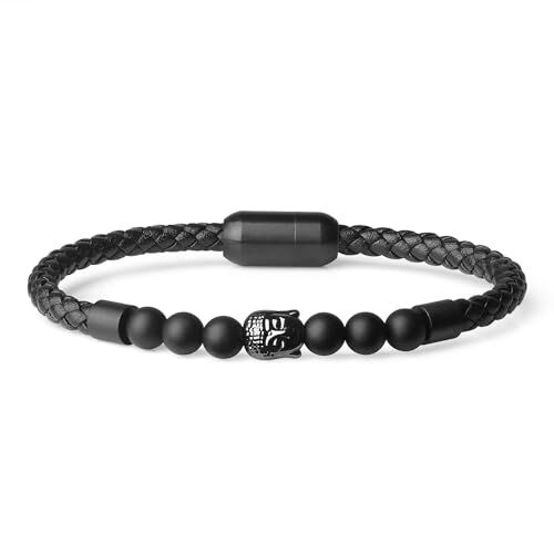 COAI Bracciale Buddha da Uomo con Perline di Onice Opaco e Vera Pelle L