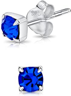 DTPsilver ® Orecchini Quadrati a Perno Molto PICCOLI Argento 925 con Cristalli Swarovski® Elements Rotondi Diametro 4 mm Colore: Blue Zaffiro