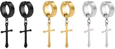 LAFATINA 3 Paia Non-piercing Orecchini Orecchio Clip Unisex Croce Religione Pendente Croce Orecchini a Cerchio Acciaio Incisione Uomo Donna