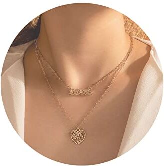 Sttiafay Collana con ciondolo albero della vita a strati Collana girocollo in oro minimalista con lettera d'amore Collana con ciondolo gioielli per donne e ragazze adolescenti