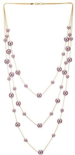 COOLSTEELANDBEYOND Oro Statement Dichiarazione Collana Tre Filoni Lunga Catena con Rosa Viola Perla Sintetica Perline Pendente