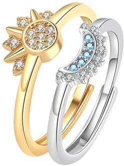 MeeQee Anelli Sole e Luna Celesti Anello da Donna a Strati Scintillante e Anello Luna Blu con Placcatura in Oro/Argento Anello Aperto con Diamanti San Valentino Anniversario