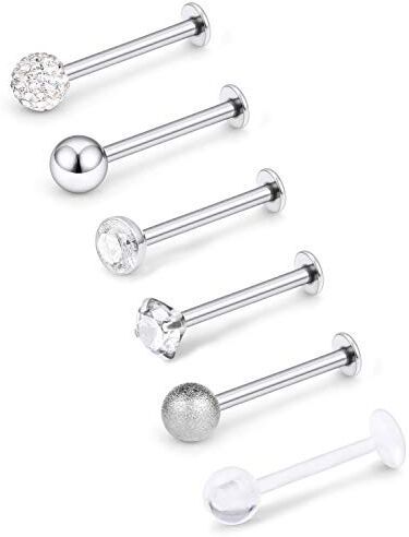 Mayhoop 6 Pezzi 16G Piercing Trago Helix in Acciaio Chirurgico Palla CZ Anelli al Labbro Helix Trago Cartilagine Orecchino Piercing del Corpo Argento