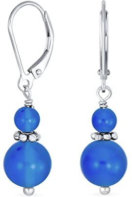 Bling Jewelry Gemma Naturale Agata Blu Boho Bali Milgrain Bordato Perline Rondel Separatore Doppia Palla Rotonda Orecchini Pendenti Per Le Donne Adolescenti .925 Sterling Silver Lever Back