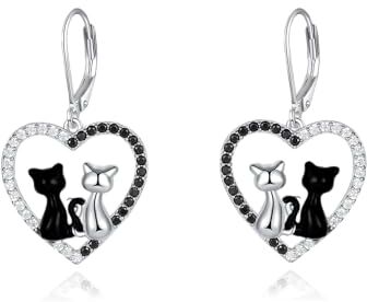 Fryneauy Orecchini Gatto Nero Argento 925 Orecchini pendenti Gatto Gioielli Regalo per Donne Ragazze