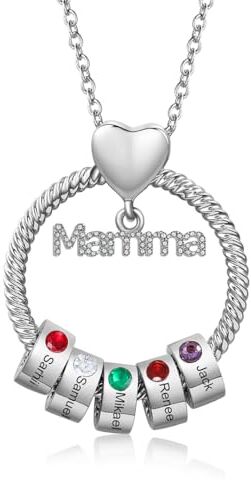 lorajewel Collana Mamma Personalizzata Festa della Mamma Ciondolo Rotondo con Nome e Pietra di Nascita Regali per Mamma Nonna Moglie Natale Compleanno (argento-5)