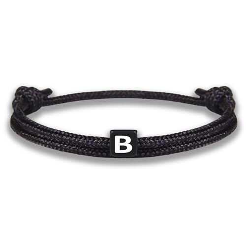 GD GOOD.designs EST. 2015 Bracciale in corda con lettere   Bracciale dell'amicizia nero regolabile con dimensioni 14cm 24cm  Iniziale B