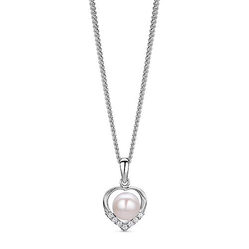 OROVI Collana Donna Argento, Catenina con Ciondolo Cuore con Perla Coltivata d'Acqua dolce Centrale e Zirconi Bianchi Argento 925 Rodiato. Catena Grumetta Cm 46. Gioiello anallergico.