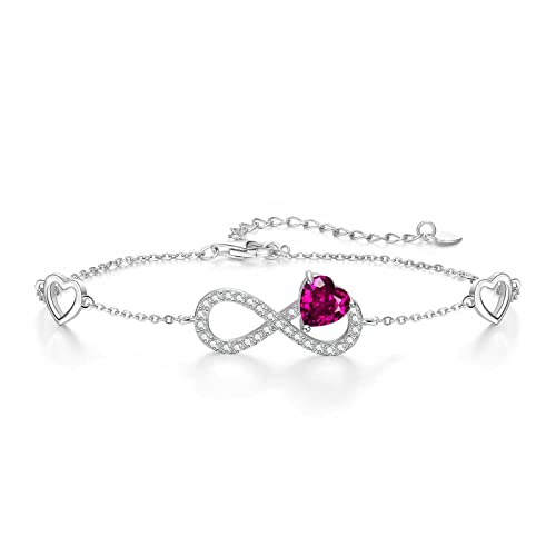 Qings Bracciale Infinito Donna Argento 925 con Rubino Infinity Cuore Luglio Pietre di Nascita Bracciali Regolabile Rosso Gemma Braccialetto, Gioielli Regalo Compleanno per Mamma Donne Ragazze