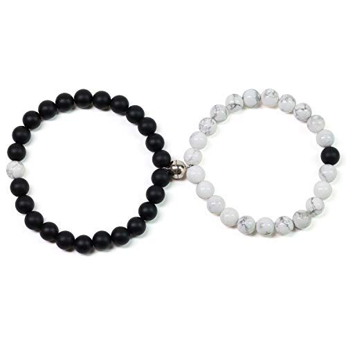 COAI Bracciali Magnetici con Calamita per la Coppia di Innamorati con Perle in Howlite e Onice Opaca e Perla in Argento Sterling