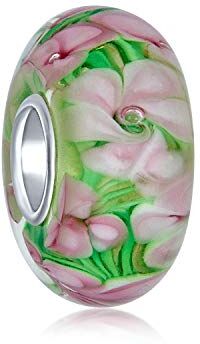 Bling Jewelry Vetro Di Murano .925 Nucleo D'Argento Sterling Floreale Verde Rosa Tropicale Fiore Distanziatore Perline Si Adatta Bracciale Europeo Per Le Donne Adolescenti