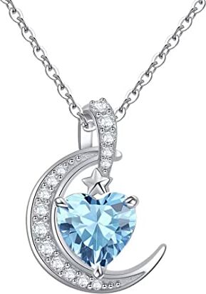 Qings Collana Acquamarina Pietra Pendente Luna Birthstone in Argento 925 Donna Ciondolo Cuore Marzo Pietra Zaffiro Blu per Suocera