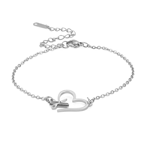 VASSAGO Bracciale da parrucchiere con forbici e pettine regolabile, in acciaio inox, con catena a forbice e a forma di cuore, idea regalo per donne, ragazze, uomini, Senza pietre preziose