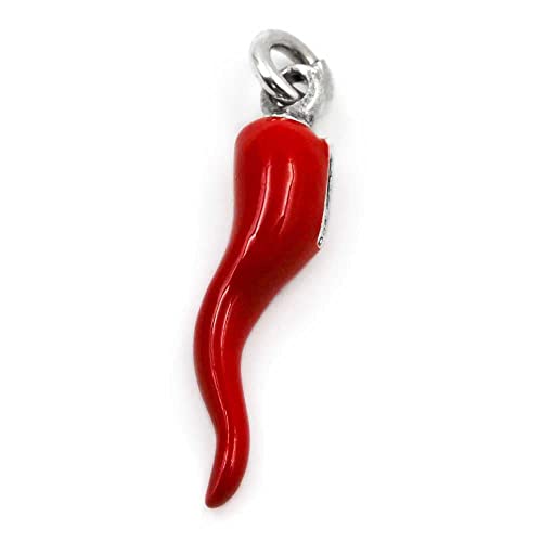 Damiano Argenti Ciondolo Corno Portafortuna in Argento 800 Smaltato Rosso, Pendente Cornetto Scaramantico Napoletano in Argento per Collana o Bracciale Uomo o Donna