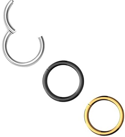 Body CAC 3 Pezzi-1.2mm×7mm Piercing Naso Orecchini Acciaio Chirurgico,Hinged Anallergici Segment Ring Septum Finto Piercing Trago in Acciaio-Oro/Argento/Nero